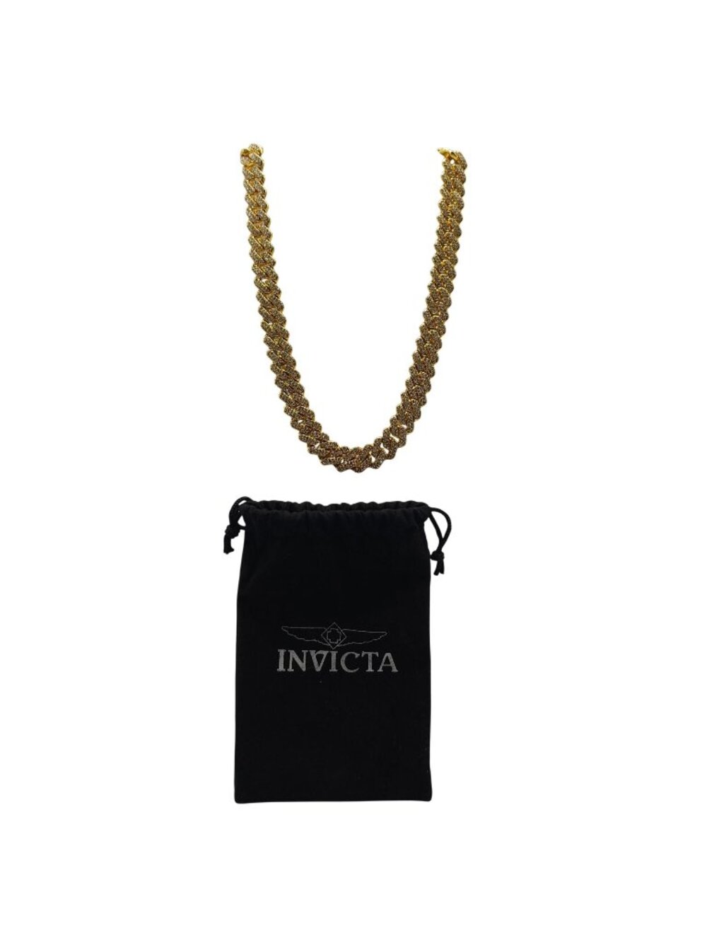 Invicta Mens Gold Tone Cuban Link Necklace Iced Out Crystal Detailing 20"